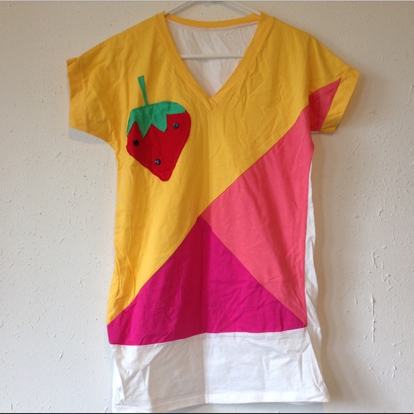 Tops - NWOT Color-block Strawberry Embroidered Shirt Top